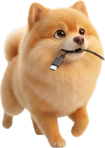 Champagne carrying a USB-C cable in his mouth
