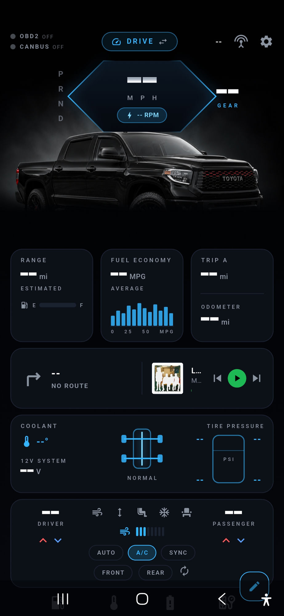 The Apex heads-up dashboard on a phone: a Toyota Tundra rendering under a gear and MPH hexagon, with range, fuel economy, trip, coolant and tyre-pressure panels all showing dashes