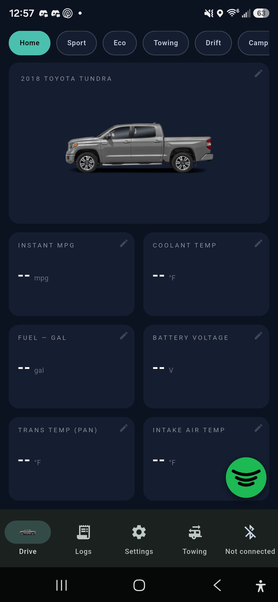 The Digits dashboard on a phone: instant MPG, coolant temp, fuel, battery voltage, transmission temp and intake air temp tiles, every one showing two dashes, with 'Not connected' in the bottom bar