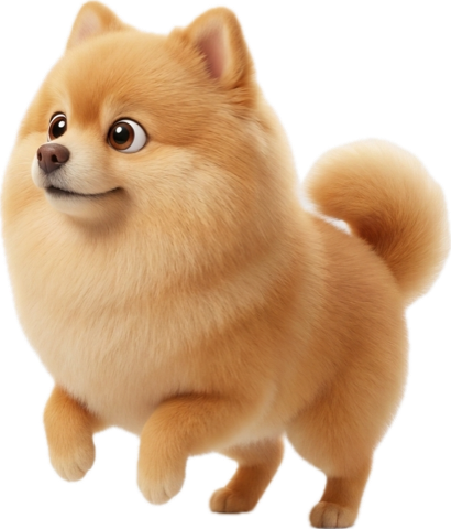 Champagne, a small golden Pomeranian in a green harness, trotting ahead and looking off to the side